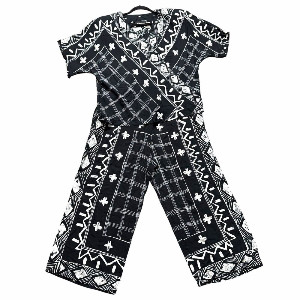 Vintage Choon California Black White Mudcloth Pant Set 2pc Rayon Size 10 M L